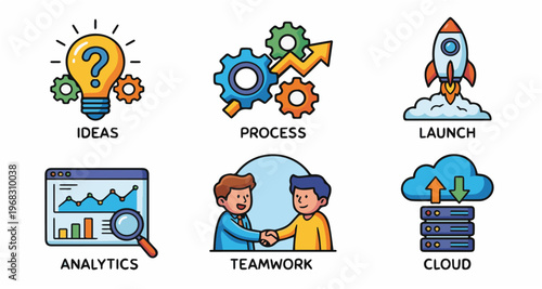 Business Process and Teamwork Doodle Illustration with Workflow Concept