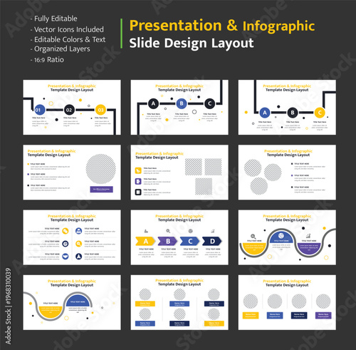 Modern business presentation infographic slides with varied data layouts