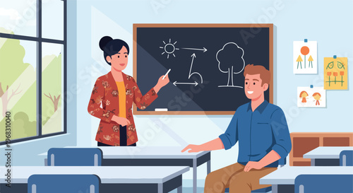 A teacher stands by a blackboard explaining a diagram of nature to a student