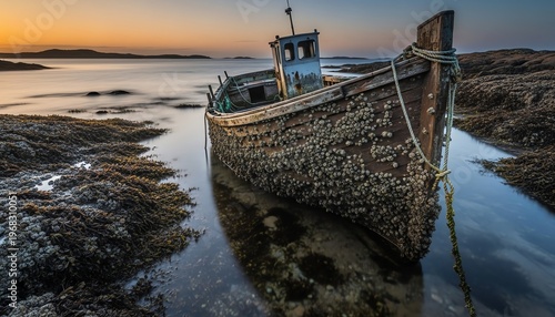 Old fishing boat half-submerged in shallow rocky cove at dawn with first light