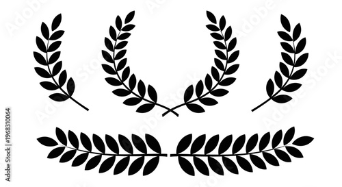 Set of Black Laurel Wreaths and Branches Vector Illustration.