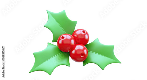 3D render of a holly sprig with red berries and green leaves
