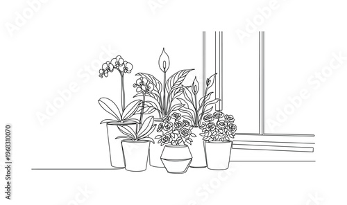 Indoor Bloom Arrangement. Minimalistic one-line drawing potted flowering plants on window or table for home decor, continuous single black line on white