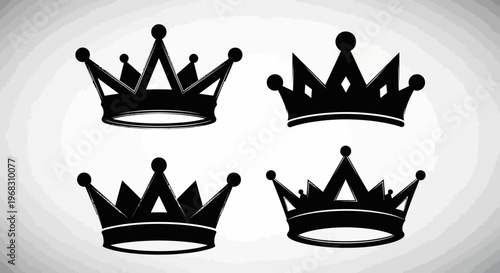 Set of Four Black Crown Silhouettes on White Background.