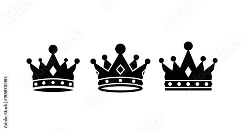 Set of Three Black Crown Silhouettes on White Background.