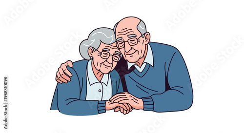 An elderly couple embraces with tender affection, holding hands and smiling softly