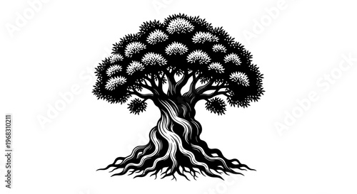 Stylized illustration of a large, ancient tree with gnarled roots and a full canopy.
