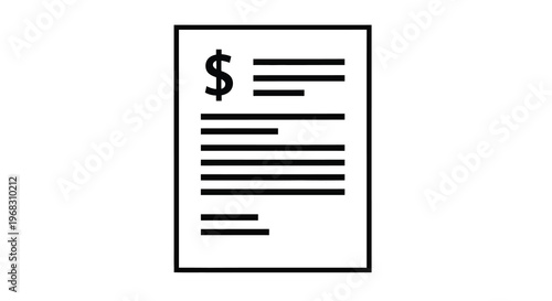 A simple black and white line drawing depicts a document with a dollar sign at the top