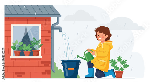 A child in a yellow raincoat collects falling rainwater in a bucket outdoors