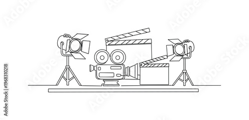 Production Services. Minimalistic one-line drawing film camera, lights, and storyboard on desk, continuous single black line on white background, simple