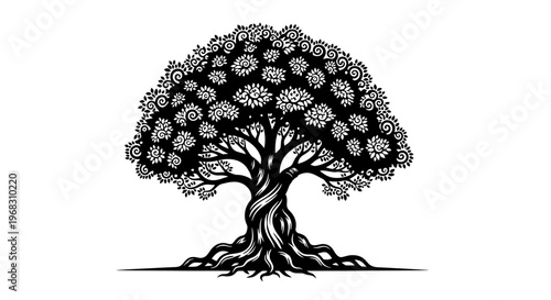 Stylized Black and White Tree of Life Illustration.