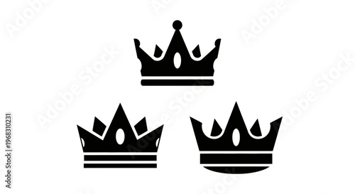 Three Black Crown Icons Isolated on White Background.