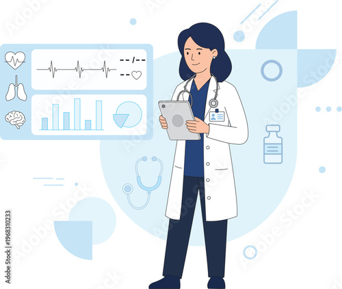 Female Doctor Using Digital Tablet with Health Data Dashboard Flat Vector Illustration