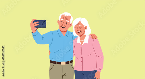 An elderly couple smiles while taking a selfie together using a mobile device