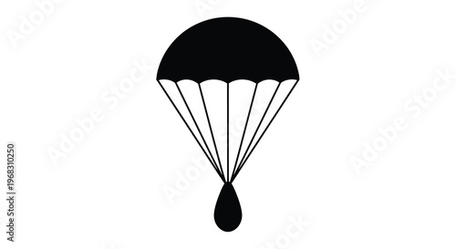 A simple black and white illustration depicts a parachute showcasing its canopy and suspension lines