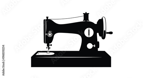 A black silhouette of a vintage sewing machine showcasing its classic design and mechanical elements