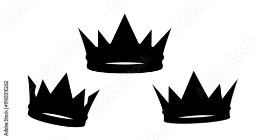 Three Black Crown Silhouettes Isolated on White Background.