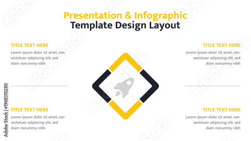 Presentation slide layout featuring a central rocket icon within a modern diamond shape