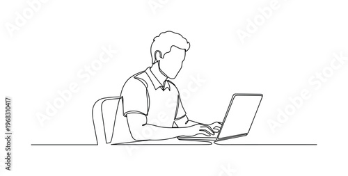 Digital Skill Growth. Minimalistic one-line drawing person sitting at desk practicing coding and design work on laptop, continuous single black line on white