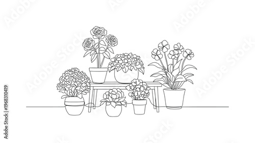 Indoor Bloom Setup. Minimalistic one-line drawing flowering plants arranged in bright pots for home decor, continuous single black line on white background,