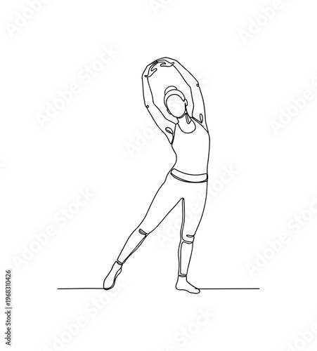 Dynamic Stretching. Minimalistic one-line drawing individual performing arm circles and leg swings, continuous single black line on white background, simple