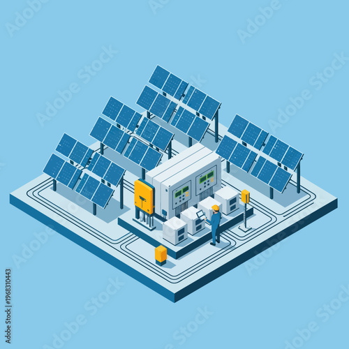 Isometric Solar Power Plant with Panels and Equipment.