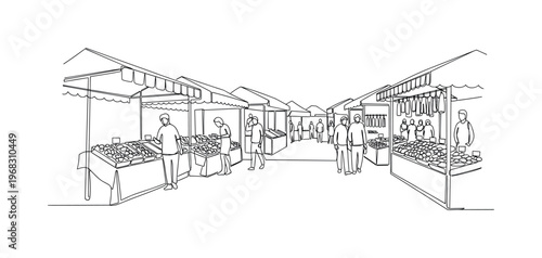 Open-Air Retail. Minimalistic one-line drawing market stalls with goods and people walking by, continuous single black line on white background, simple outline