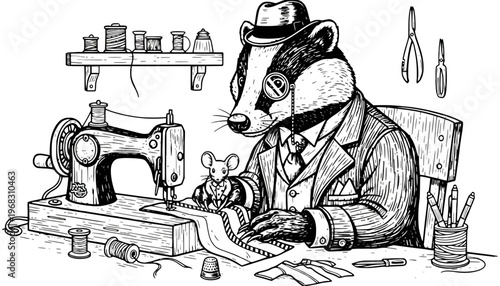A badger in a suit and hat sewing with a mouse assistant