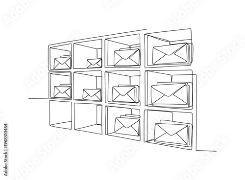 Cubbies for Mail. Minimalistic one-line drawing multiple labeled compartments with letters inside, continuous single black line on white background, simple