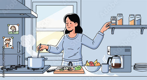 A woman cooks in a kitchen while reaching for a spice jar on a wall shelf unit