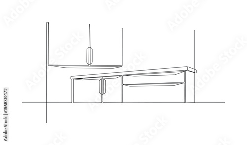 Invisible Cabinet Pulls. Minimalistic one-line drawing furniture with built-in handles that blend with surface, continuous single black line on white