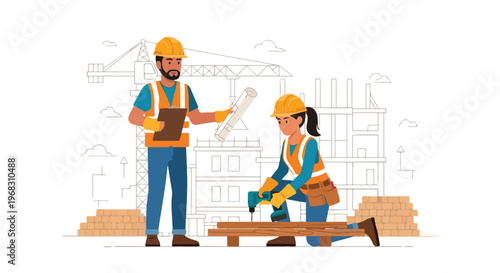 A man and a woman in safety gear work on a construction site with building plans