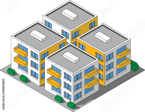 Modern isometric residential apartment buildings with balconies and greenery, clean urban housing complex architecture in minimal contemporary style illustration