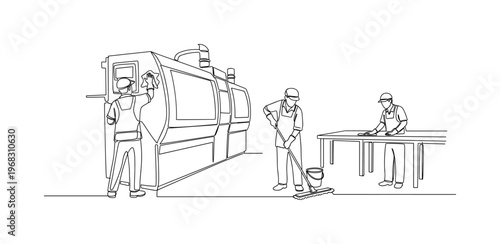 Factory Sanitation Workers. Minimalistic one-line drawing staff wiping surfaces and mopping factory floor, continuous single black line on white background,