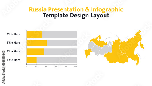 Russia map infographic template showing territorial divisions with statistical bar chart