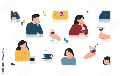 glass contemplation icons seamless pattern, repeating pattern, surface design, textile print, modern illustration of people observing beverages, reflections,