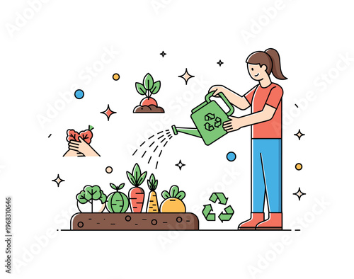 Vegetable patch garden maintenance concept where a person waters vegetables in soil while tiny sparkle and star icons highlight nurturing, growth,