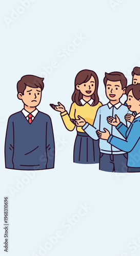 A sad man standing alone while a group of happy colleagues talk and gesture him