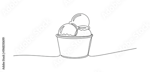 Scoop of Ice Cream. Minimalistic one-line drawing ice cream scoop in a cup, continuous single black line on white background, simple outline style, no shading,