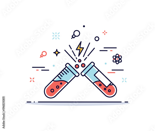 Catalyst chemical experiment concept where test tubes collide creating a reaction while small sparkle and line icons emphasize energy, activation, and rapid