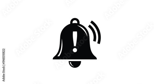 A simple black silhouette depicts a ringing bell with an exclamation point inside high quality professional