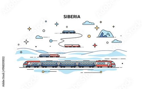 Siberia winter railway scene where trains travel across frozen plains while small sparkle and star icons emphasize connection, transport, and Siberian scale.