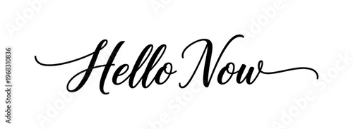 Hello Now. lettering and all elements in black. Vector style. AWhite background. Pure white background. Perfect isolation and visual consistency. Elegant