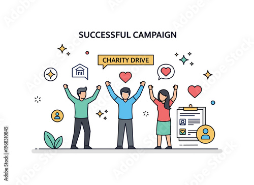 Successful campaign charity awareness achievement scene where volunteers celebrate milestones while small sparkle and heart icons emphasize social impact,