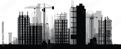 Black cityscape under construction with cranes and high rise structures symbolizing urbanization engineering progress and industrial development illustration design