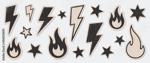 Scrapbook crayon lightning, fire, and star doodles with scribbly texture elements, pastel punk rock style, and torn craft paper vector illustration, designed with playful layered composition suitable 