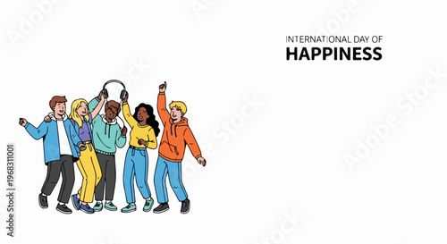 Diverse group of young friends celebrating International Day of Happiness, dancing with joy, listening to music. Day of Happiness illustration emphasizes friends having fun, embracing positive energy.