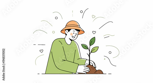 Smiling person carefully performs tree planting, wearing hat and gently placing small green sapling into fertile soil, fostering new life. Tree planting promotes vital environmental care,