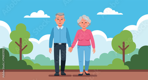 An elderly couple holding hands and walking together in a bright green park area