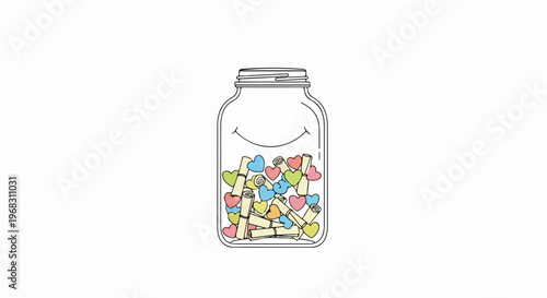 Transparent wish jar filled with colorful handwritten notes, tiny hearts, symbolizing gratitude, dreams. Wish jar contains cherished memories, hopeful aspirations, creating positive atmosphere.